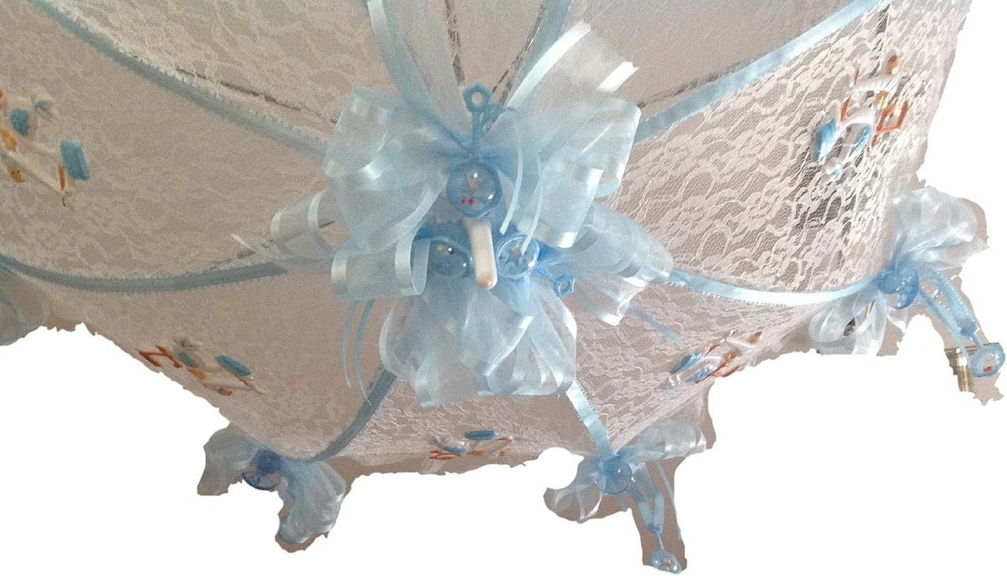 Party Favors Plus White Lace Baby Shower Umbrella Blue Storks Pacifiers Rattles 36 Inch