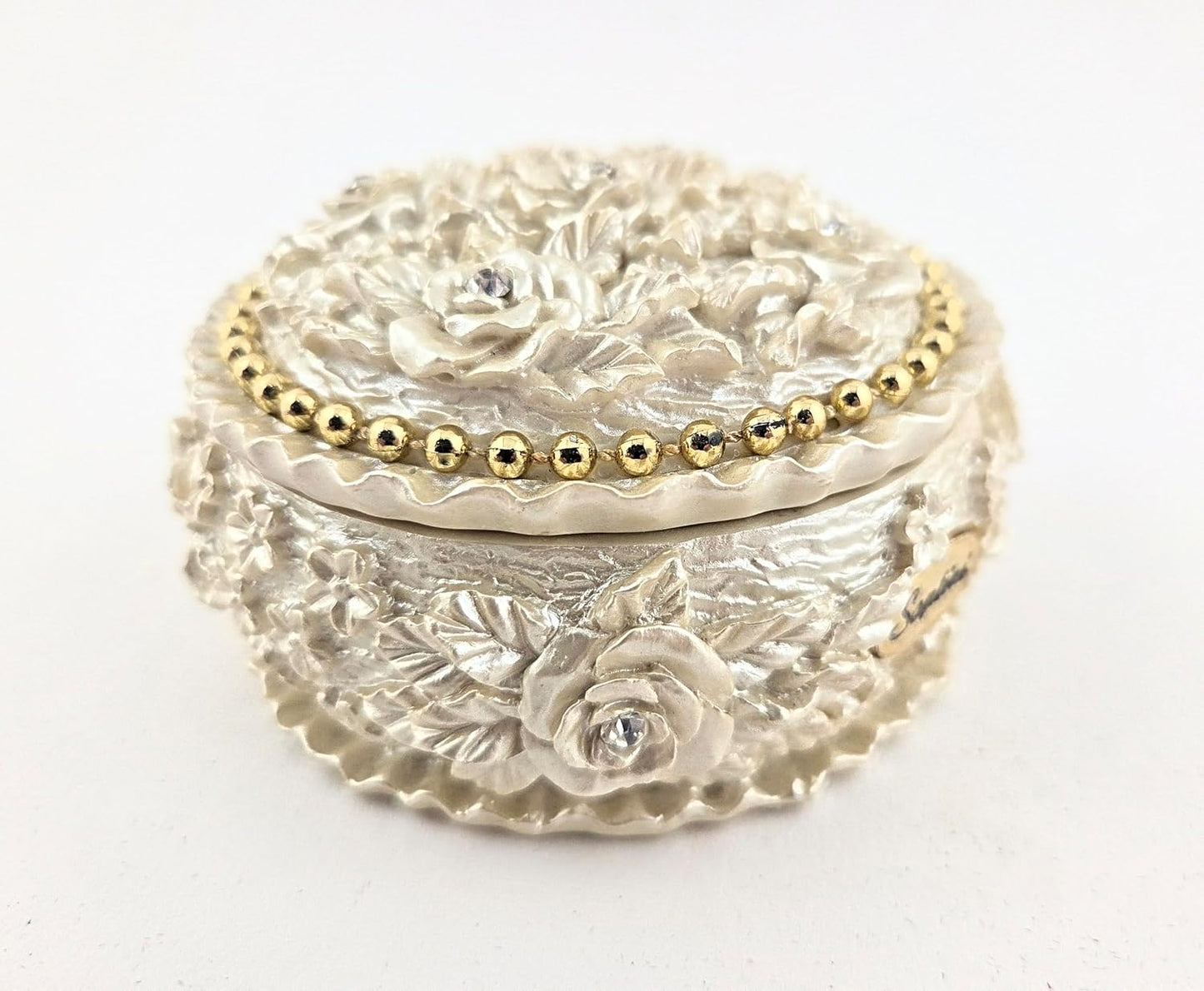 Party Favors Plus Polyresin Trinket Box Ivory Pearl Rose Design Rhinestone Accents Round 3.5x1.75 Inch