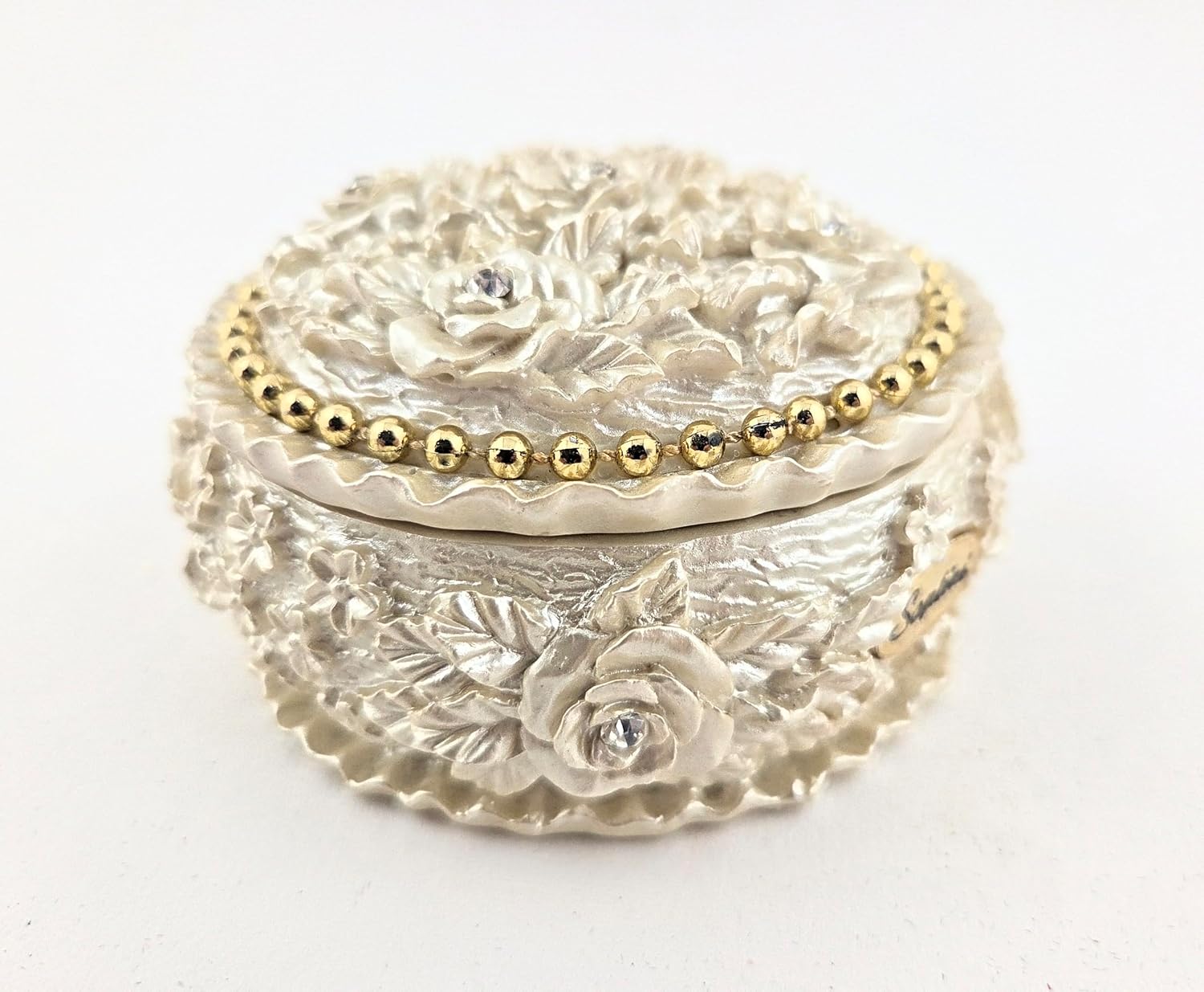 Party Favors Plus Polyresin Trinket Box Ivory Pearl Rose Design Rhinestone Accents Round 3.5x1.75 Inch