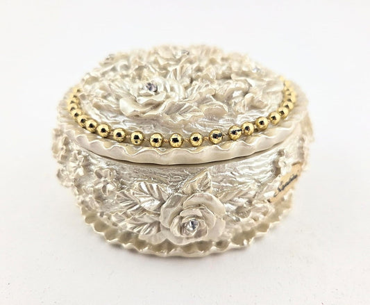 Party Favors Plus Polyresin Trinket Box Ivory Pearl Rose Design Rhinestone Accents Round 3.5x1.75 Inch