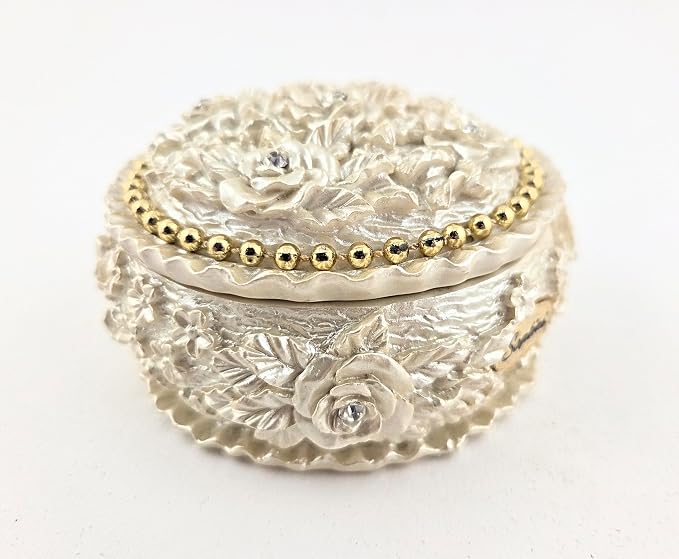 Party Favors Plus Polyresin Trinket Box Ivory Pearl Rose Design Rhinestone Accents Round 3.5x1.75 Inch