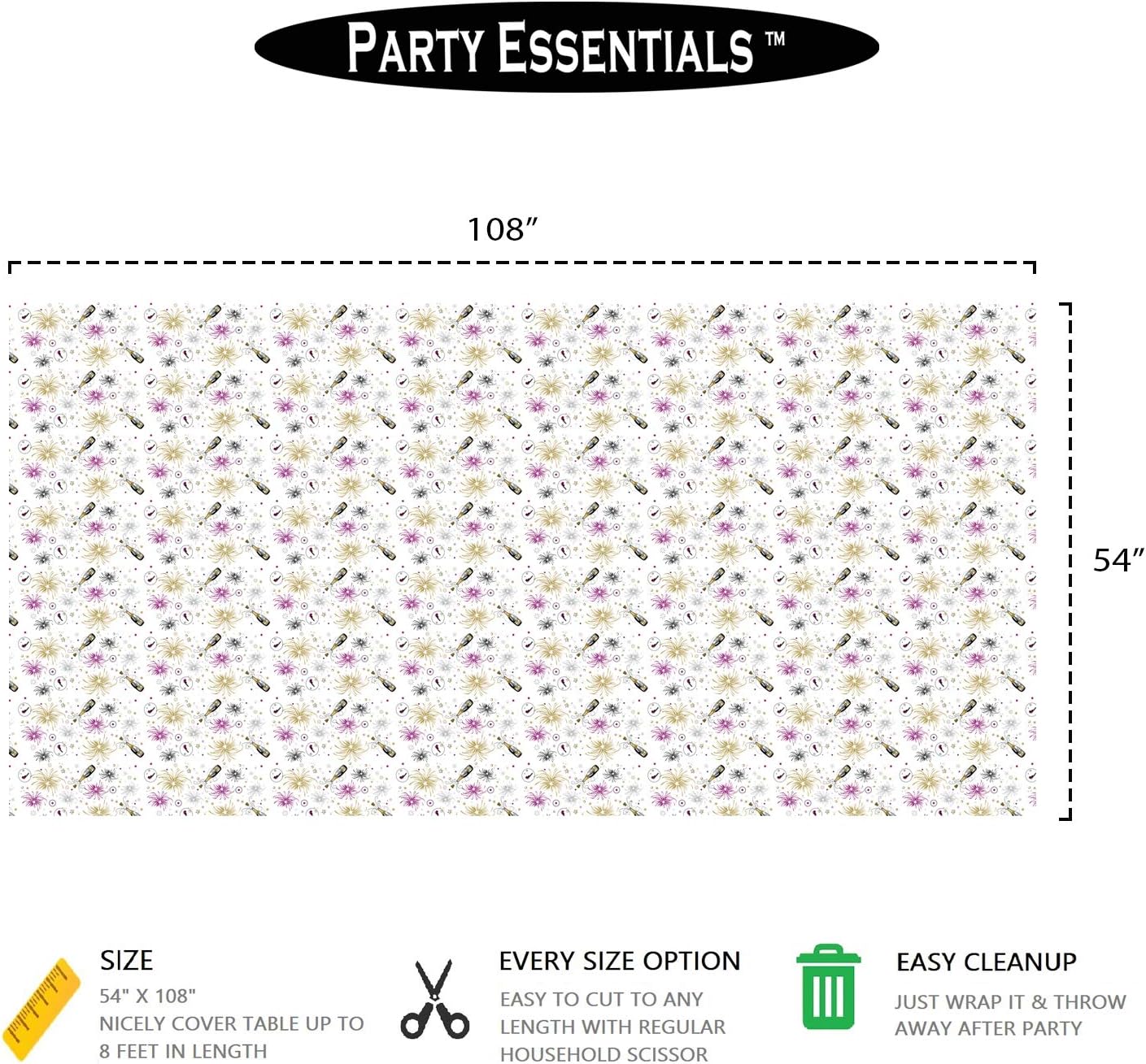 Party Essentials Heavy Duty Disposable New Years Plastic Tablecloth 54 x 108 In 1 Count