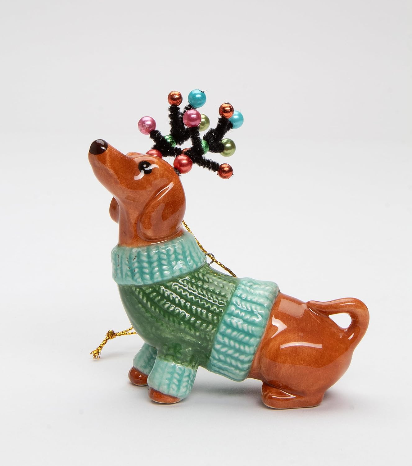 Cosmos Gifts Fine Ceramic Dachshund Dog in Green Sweater with Reindeer Antlers Ornament 3-7/8" H