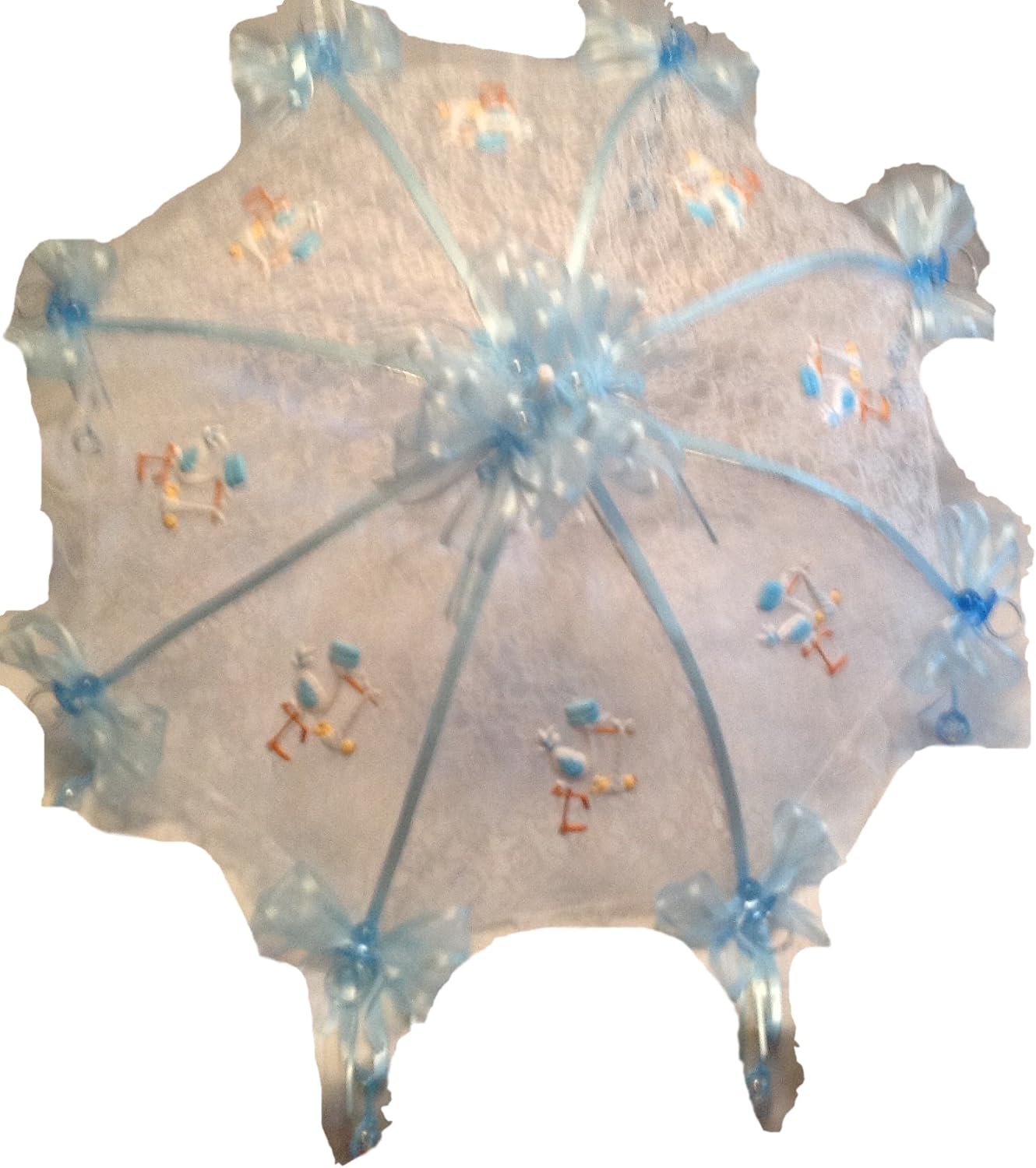 Party Favors Plus White Lace Baby Shower Umbrella Blue Storks Pacifiers Rattles 36 Inch