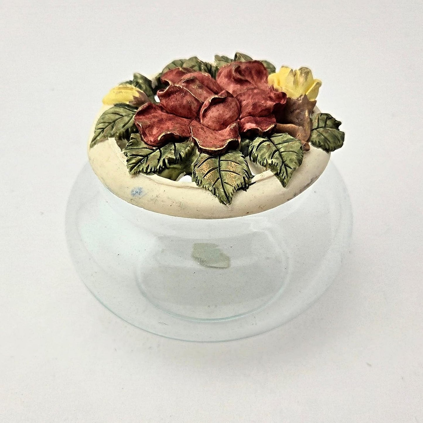 Party Favors Plus Vintage Glass Vanity Jar Ceramic Red Rose Floral Lid Capodimonte Style Round 3x4 Inch