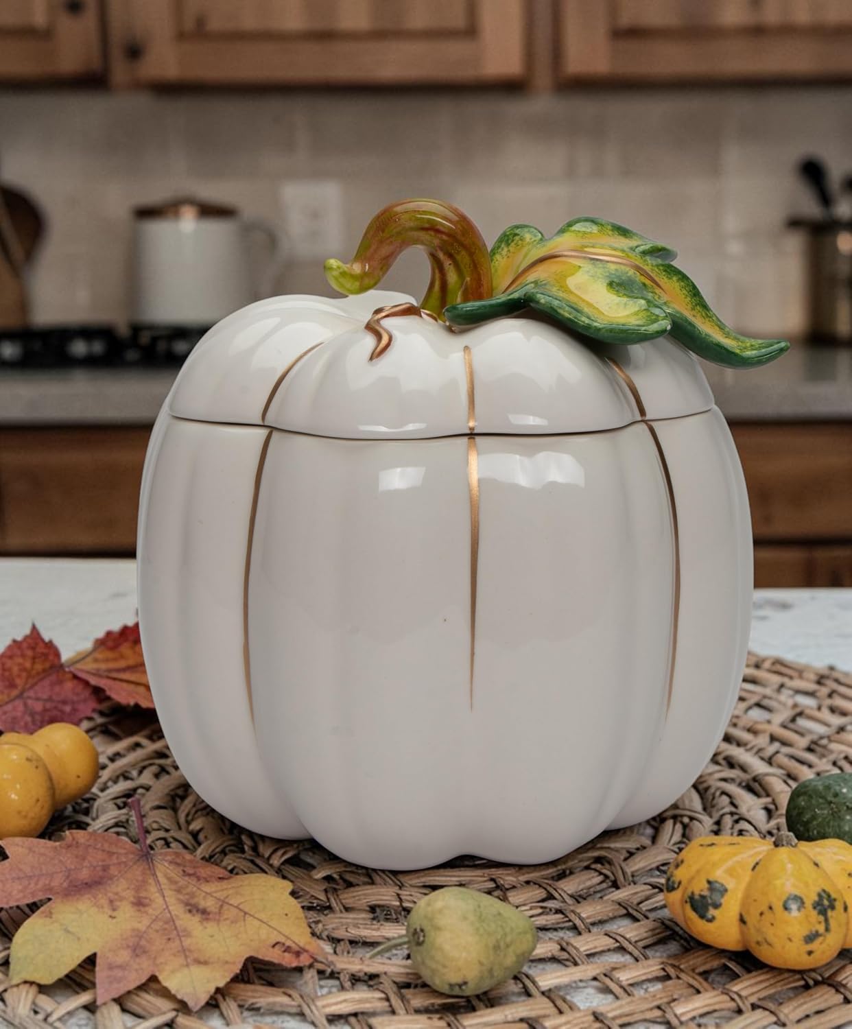 Cosmos Gifts Fine Ceramic Thanksgiving Harvest White Pumpkin Cookie Candy Jar 6-5/8" L