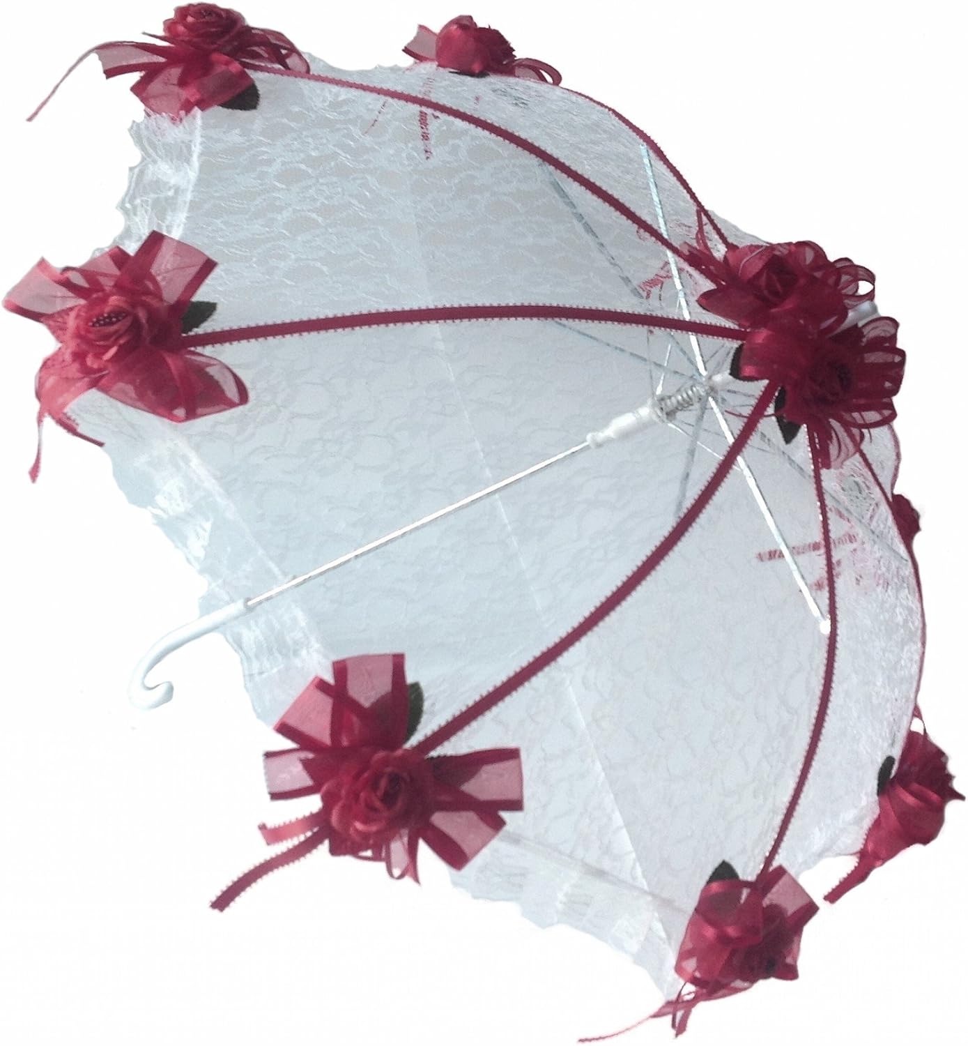 Party Favors Plus Decorated Bridal Shower White Lace Umbrella Parasol 36" Burgundy Roses