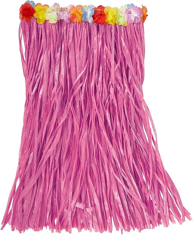 Adult Artificial Hula Grass Skirt with Floral Waistband 36" Fuchsia