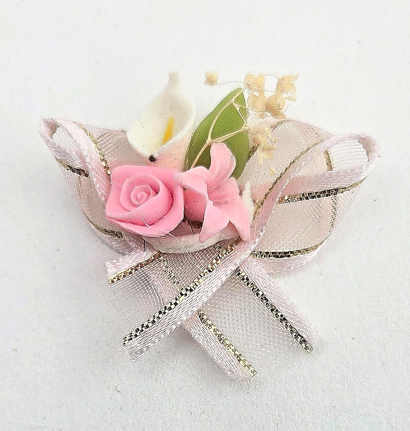 Pink Rose White Calla Lily Mini Bow Embellishments, 36 Pieces