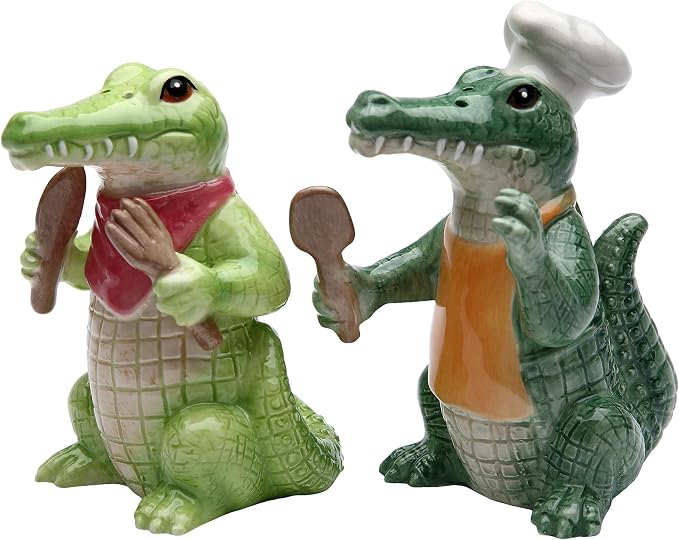 StealStreet Fine Ceramic Painted Green Alligator Chef Salt and Pepper Shakers 3.75" H SS-CG-20736