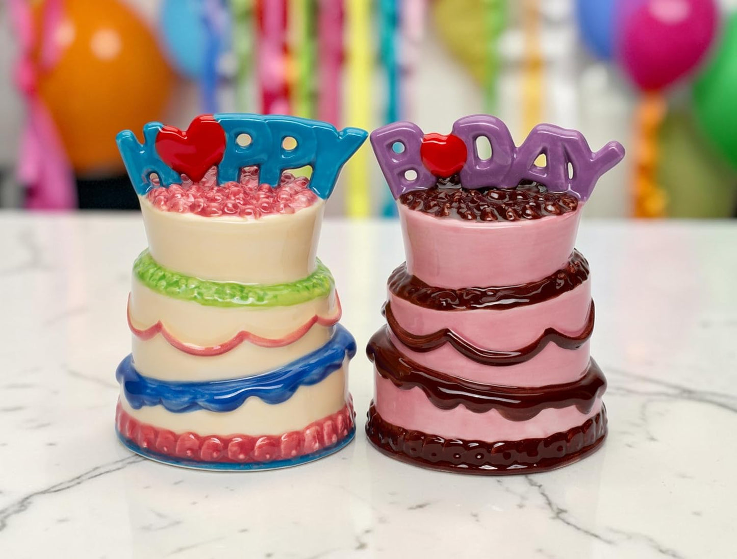 Cosmos Gifts Fine Ceramic Happy Birthday Cakes Salt and Pepper Shakers Set 3-1/4" H Pink Blue Purple