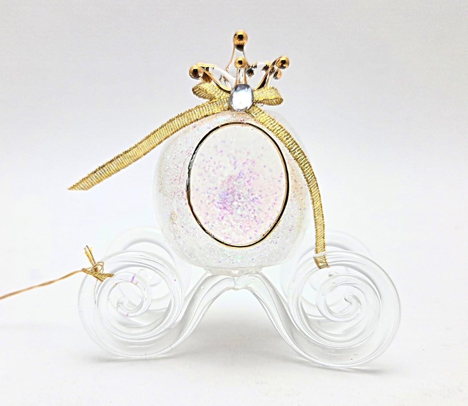 Party Favors Plus Glass Carriage Figurine White Green Glitter Clear Wheels 3.75 Inch