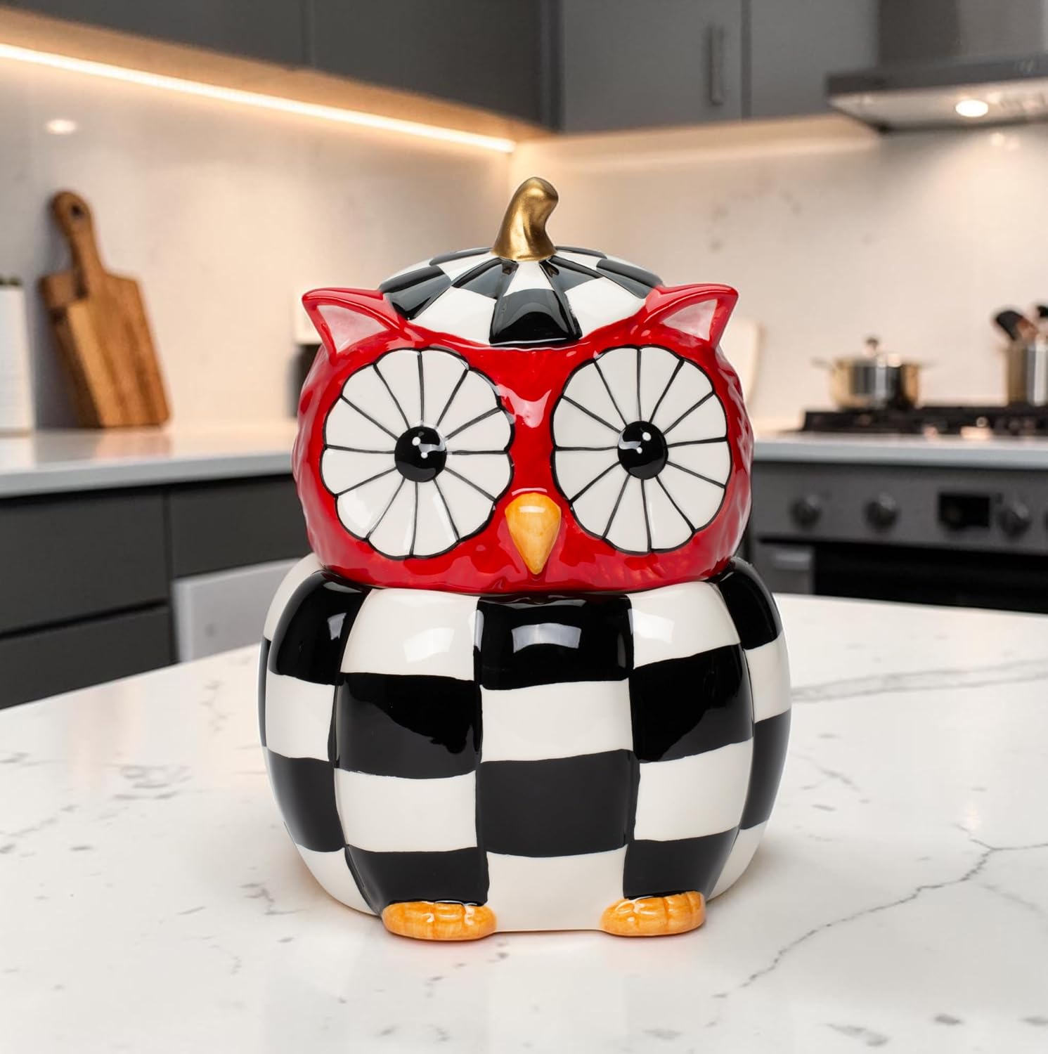 Cosmos Gifts Fine Ceramic Modern Owl with Checkerboard Pattern Candy Jar 6-5/8" H
