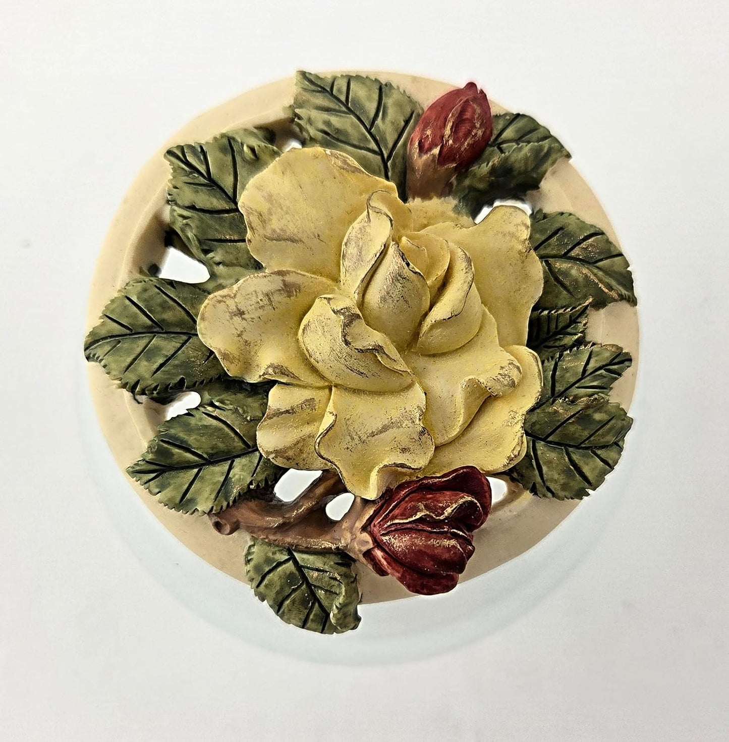 Party Favors Plus Vintage Glass Vanity Jar Ceramic Yellow Rose Floral Lid Capodimonte Style Round 3x4 Inch