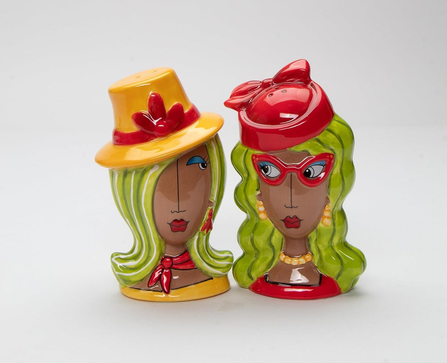 Cosmos Gifts Fine Ceramic Dollymamas African American Fashion Lady with Hats Salt & Pepper Shakers Set 4-1/2" H 62622