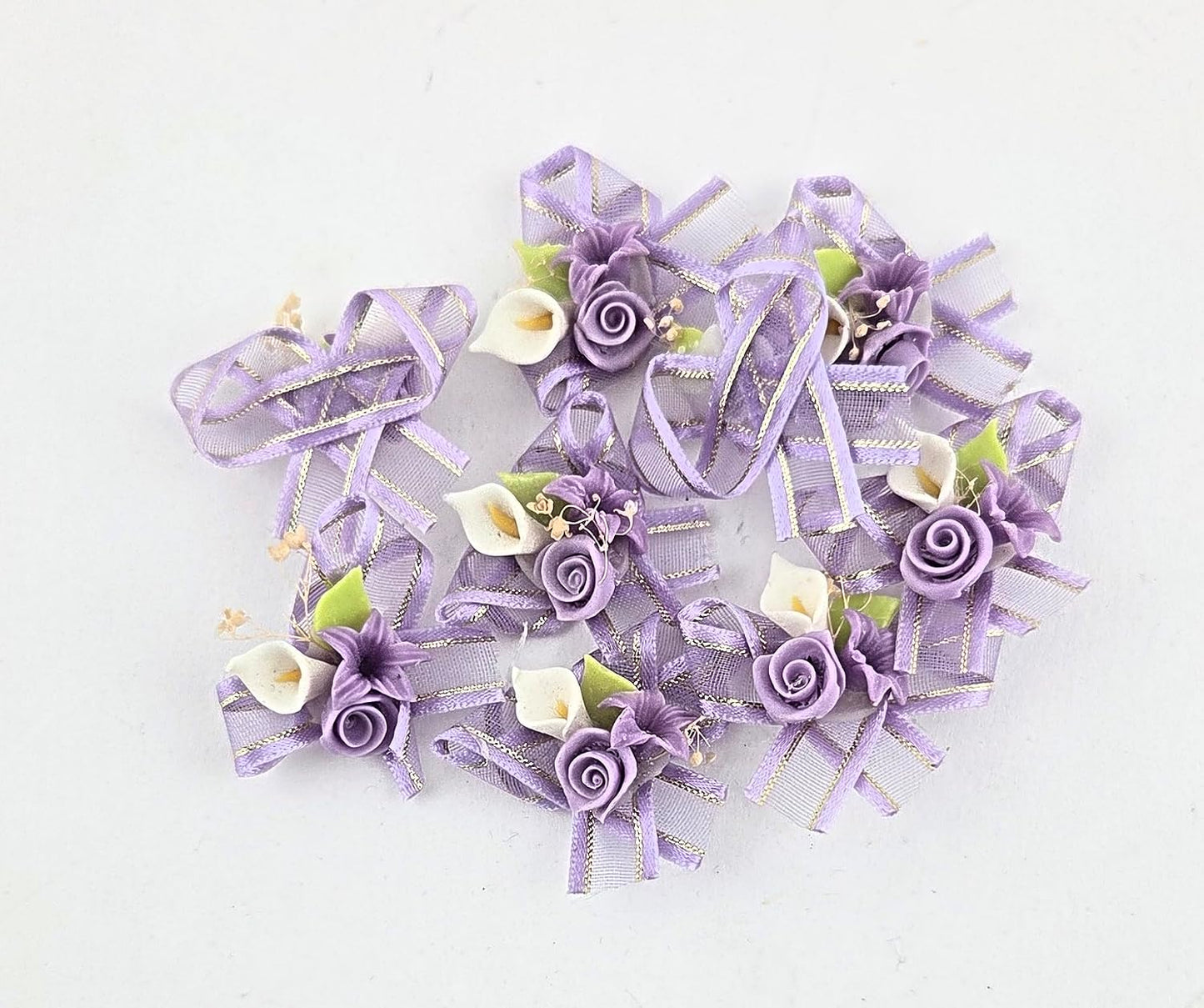 Lavender Rose Calla Lily Mini Bow Embellishments, 39 Pieces