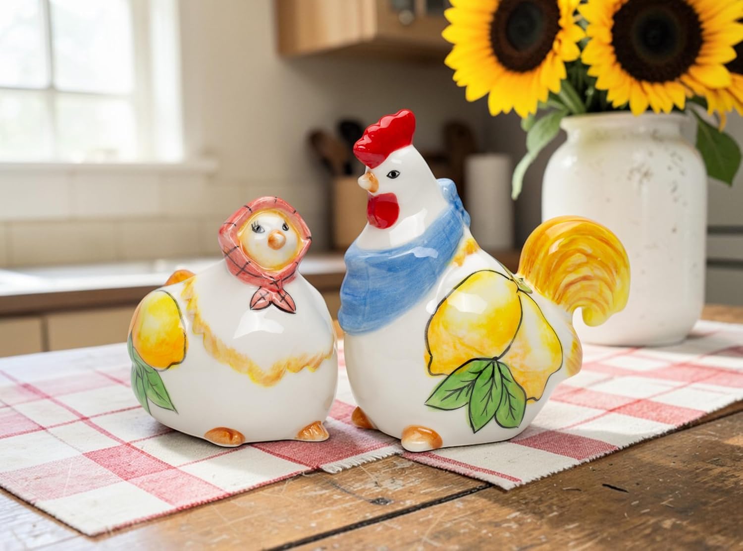 Cosmos Gifts Fine Ceramic Tuscany Country Summer Lemon Rooster & Hen Salt & Pepper Shakers Set 3-3/4" H