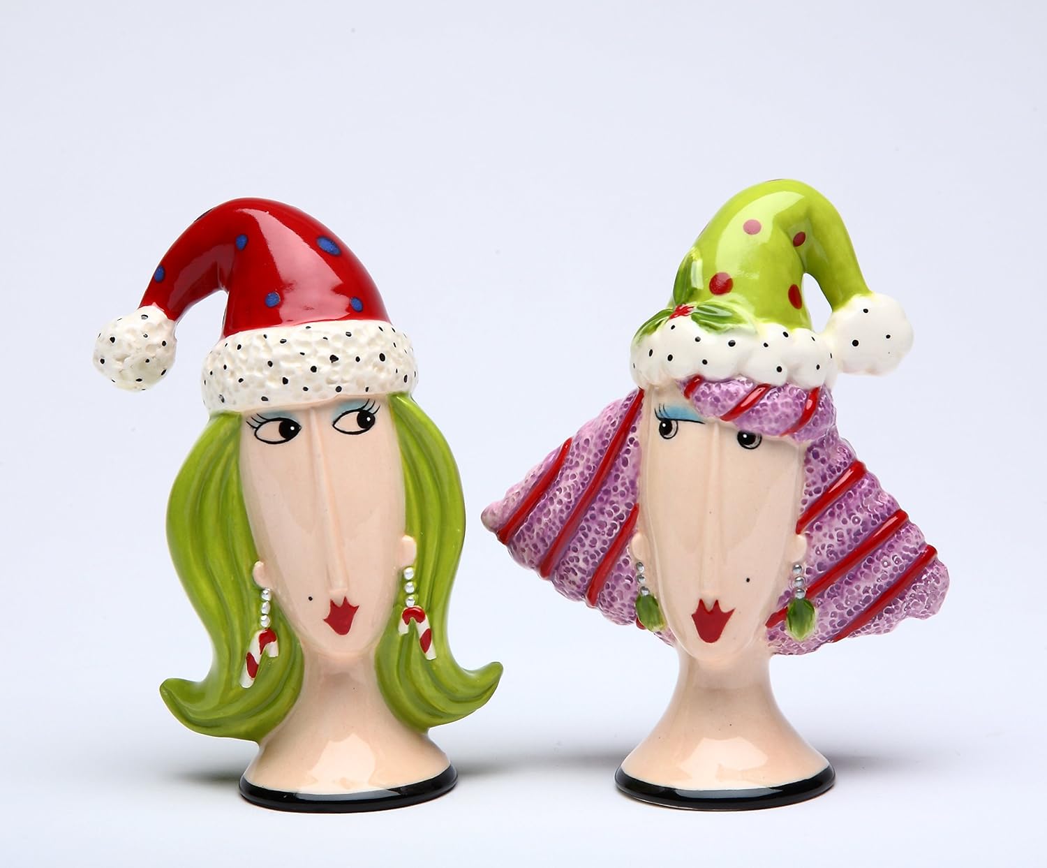 Cosmos Gifts Fine Ceramic Hand Painted Dollymama's Merry Christmas Lady Wearing Santa's Hat Salt and Pepper Shakers Set 3-7/8" H