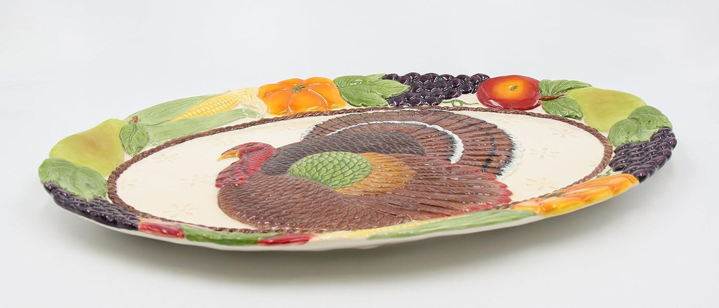 Cosmos Gifts Fine Porcelain Hand Painted Turkey Platter Multicolor Large 17" L