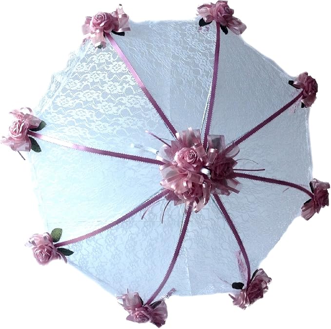 Party Favors Plus Decorated Bridal Shower White Lace Umbrella Parasol 36" Mauve Dusty Rose