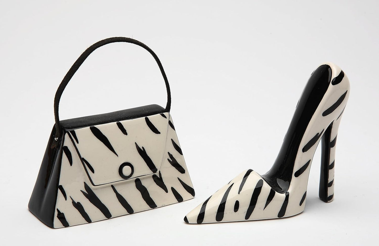 Cosmos Gifts Fine Ceramic Black and White Zebra Prints Silhouette High Heel Shoe and Purse Salt and Pepper Shakers Set 3-1/2" L