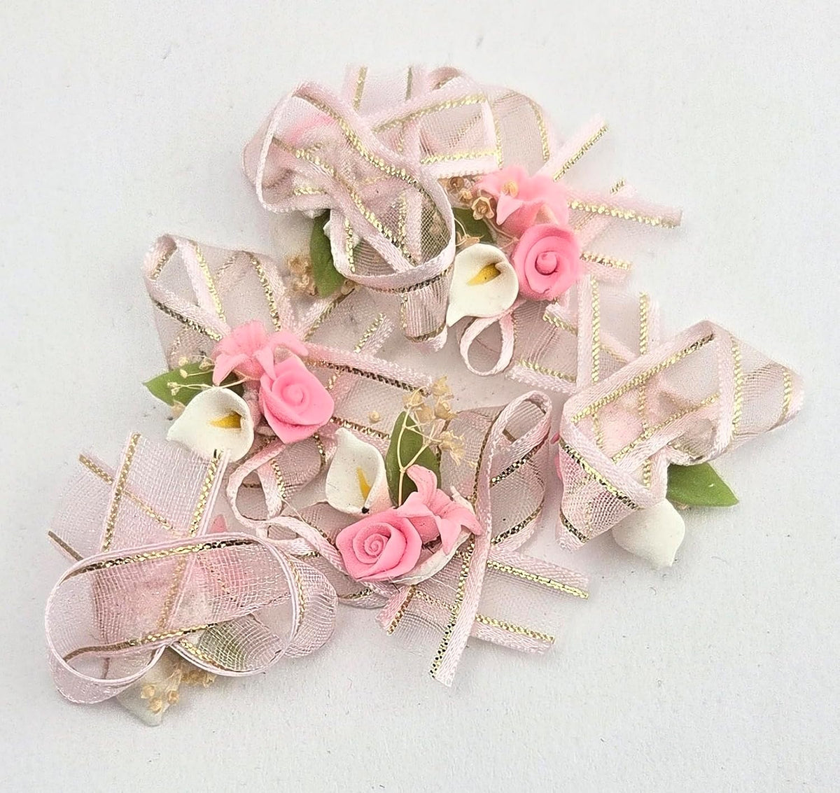 Pink Rose White Calla Lily Mini Bow Embellishments, 36 Pieces