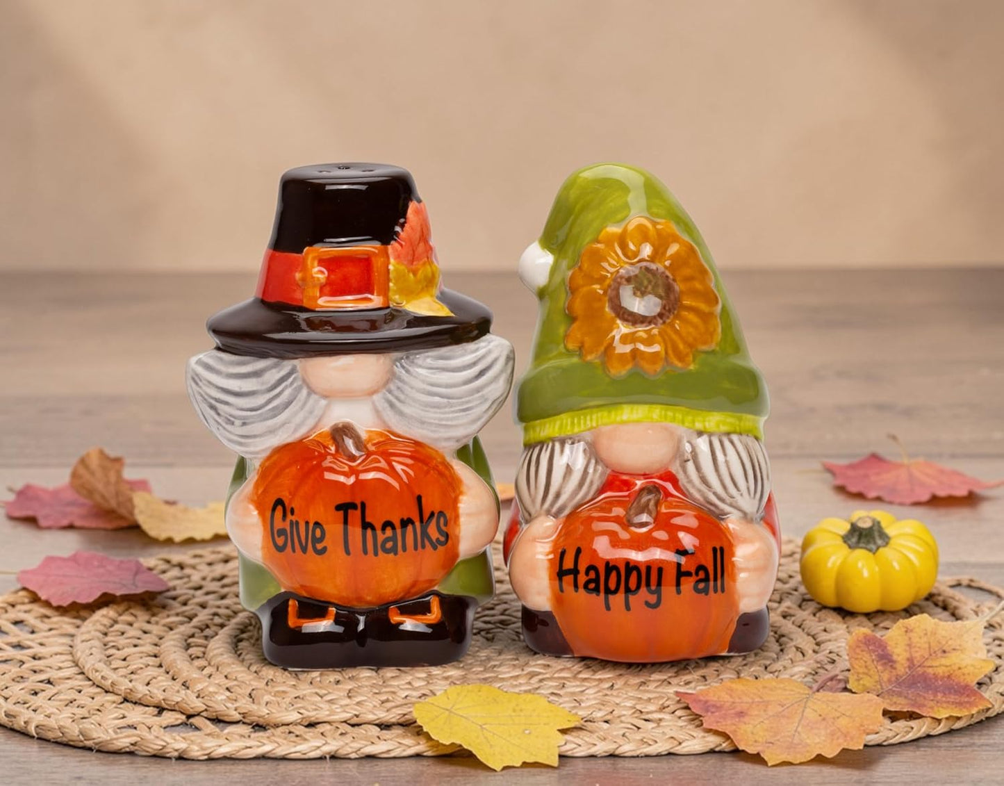 Cosmos Gifts Fine Ceramic Gnome Thanksgiving Pumpkin Happy Fall Salt & Pepper Shakers Set 3-3/4" H