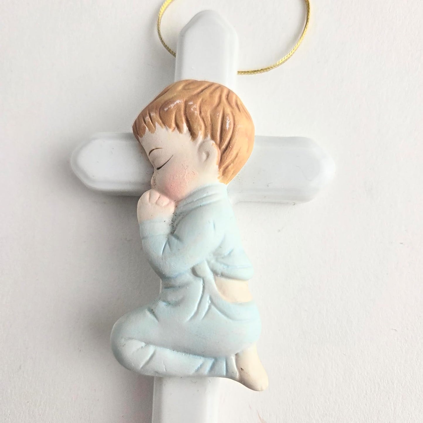 Party Favors Plus Blue White Ceramic Praying Angel Cross Ornament 4.75 Inch