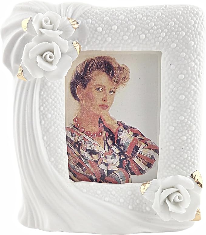 Party Favors Plus White Ceramic Picture Frame 3D Floral Accents Gold Edges 4x5 Inch