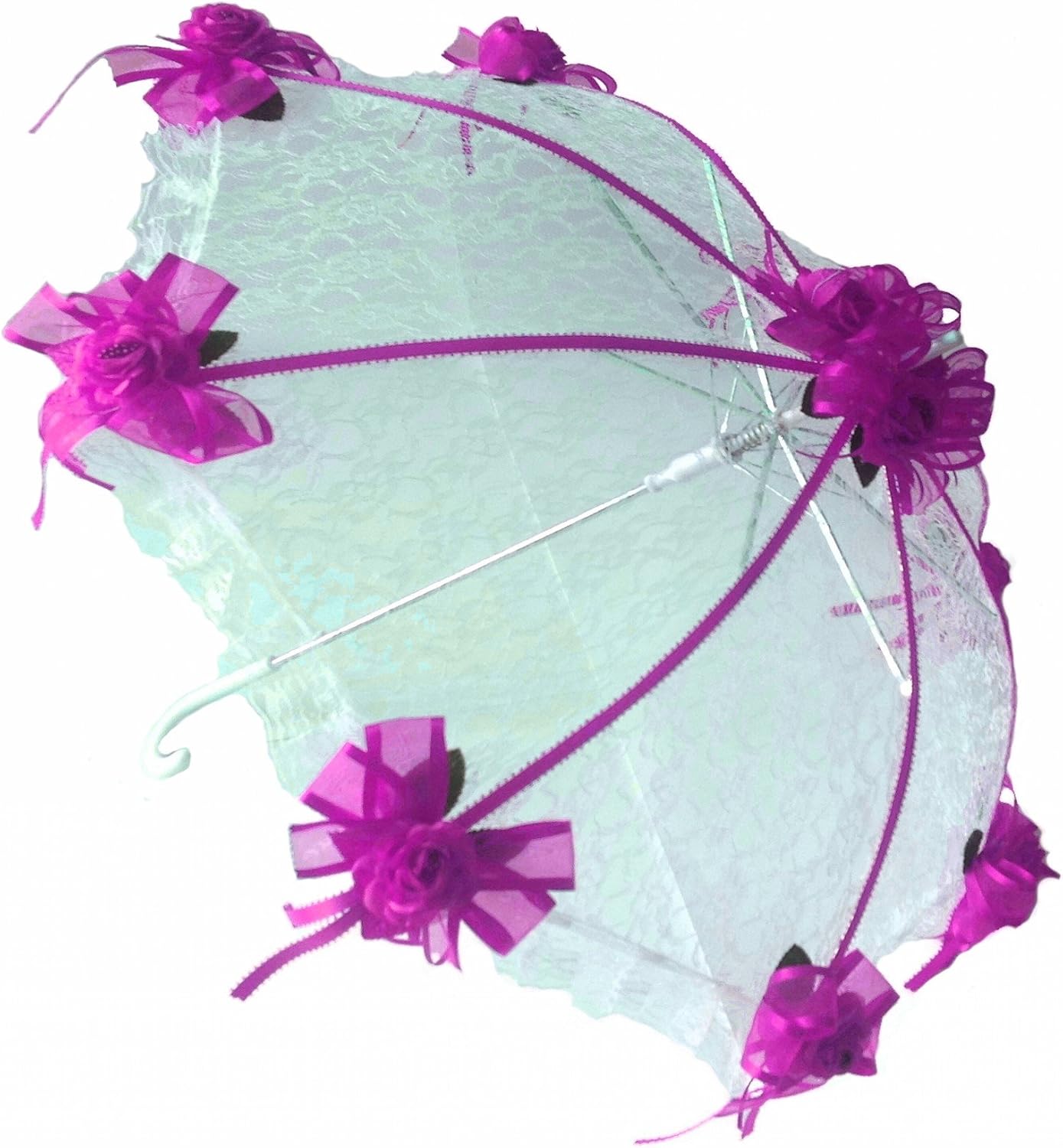 Party Favors Plus White Lace Umbrella Parasol 36 in Hot Pink Roses
