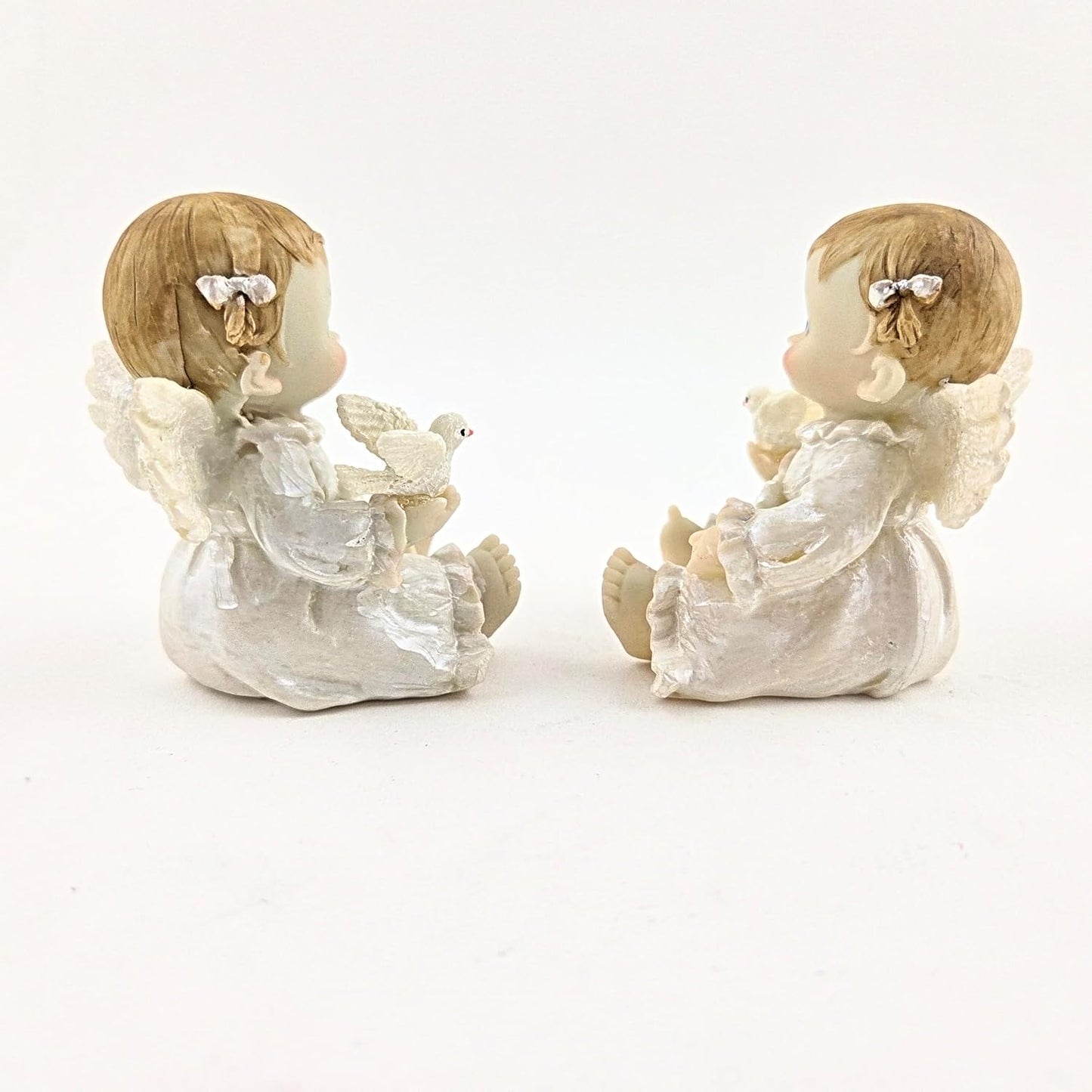 Party Favors Plus Sitting Baby Angel with Dove Figurine White Gold Polyresin 3 Inch Set of 2