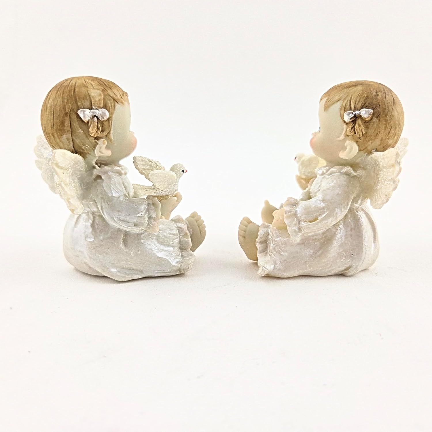 Party Favors Plus Sitting Baby Angel with Dove Figurine White Gold Polyresin 3 Inch Set of 2
