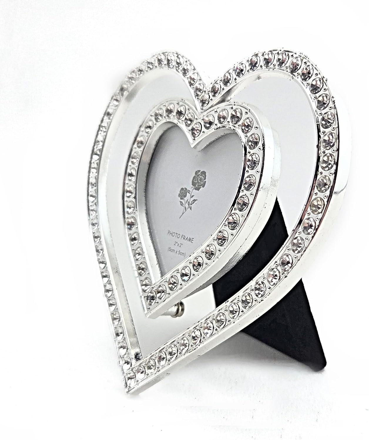 Party Favors Plus Double Heart Photo Frame Silver Metal Rhinestone 2x2 Inch Opening
