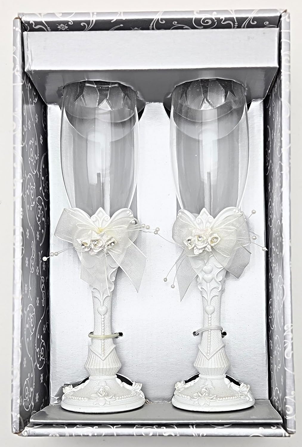 Party Favors Plus White Polyresin Wedding Toasting Flutes with Rose Design 9.5 Inch Set of 2