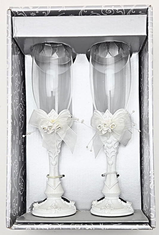 Party Favors Plus White Polyresin Wedding Toasting Flutes with Rose Design 9.5 Inch Set of 2