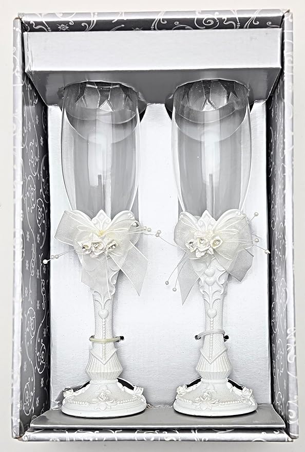 Party Favors Plus White Polyresin Wedding Toasting Flutes with Rose Design 9.5 Inch Set of 2