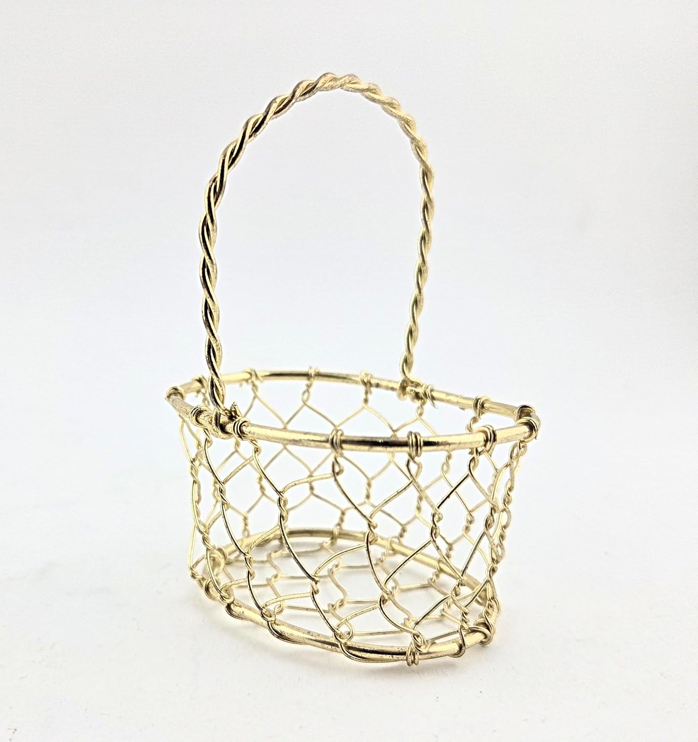Party Favors Plus Gold Tone Miniature Oval Wire Basket with Twisted Handle 3.25 Inch 4 Pack