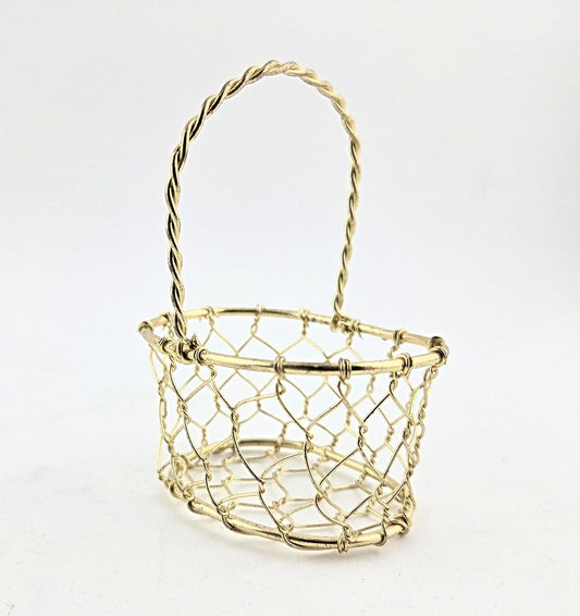 Party Favors Plus Gold Tone Miniature Oval Wire Basket with Twisted Handle 3.25 Inch 4 Pack
