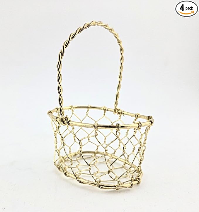 Party Favors Plus Gold Tone Miniature Oval Wire Basket with Twisted Handle 3.25 Inch 4 Pack