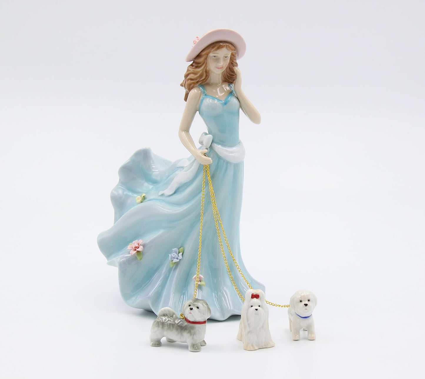 Cosmos Gifts Fine Porcelain Lady Walking Dogs Figurine 5" x 4" x 7-7/8" H Blue