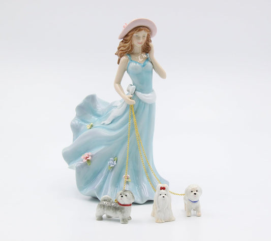 Cosmos Gifts Fine Porcelain Lady Walking Dogs Figurine 5" x 4" x 7-7/8" H Blue