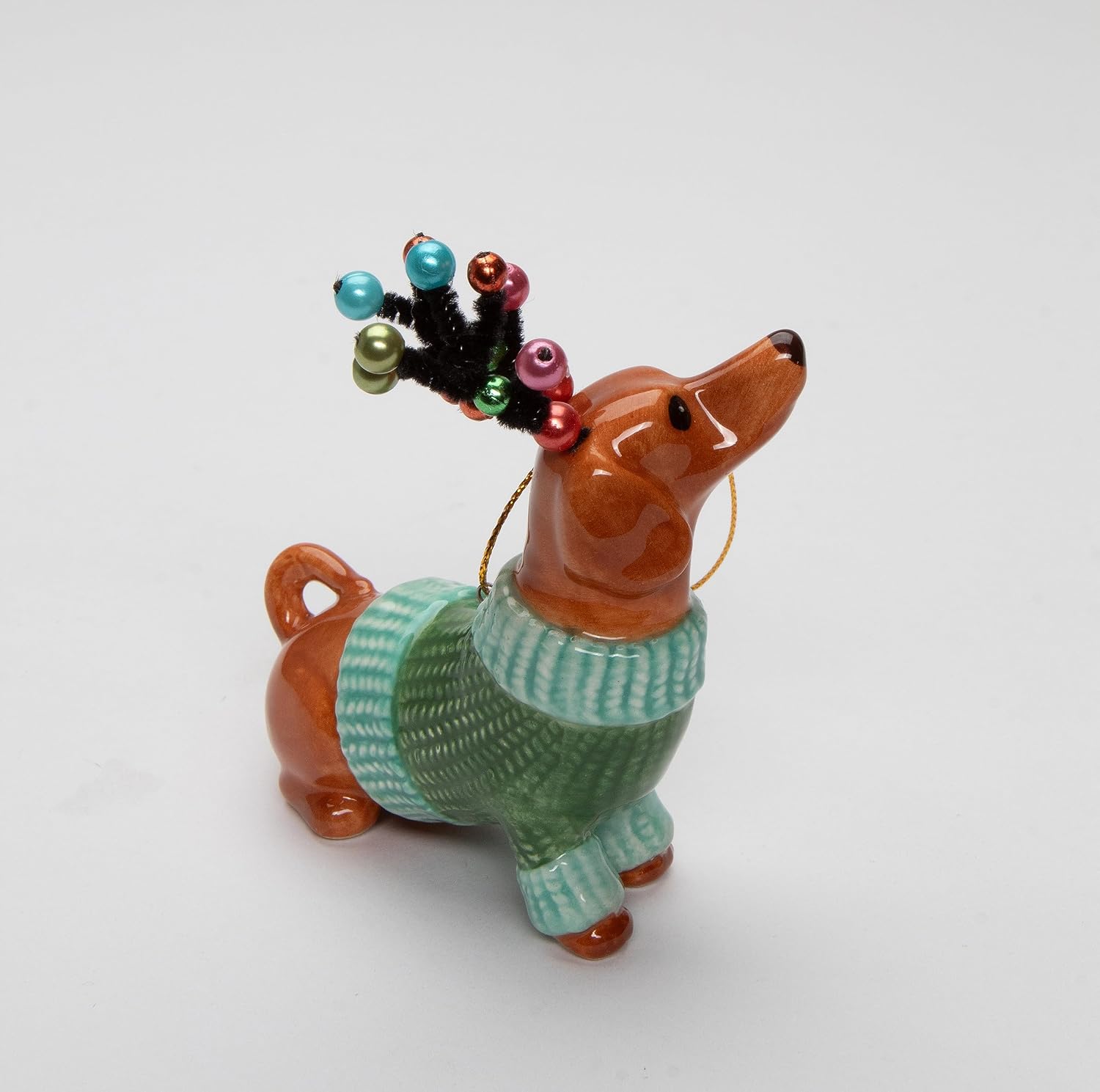 Cosmos Gifts Fine Ceramic Dachshund Dog in Green Sweater with Reindeer Antlers Ornament 3-7/8" H
