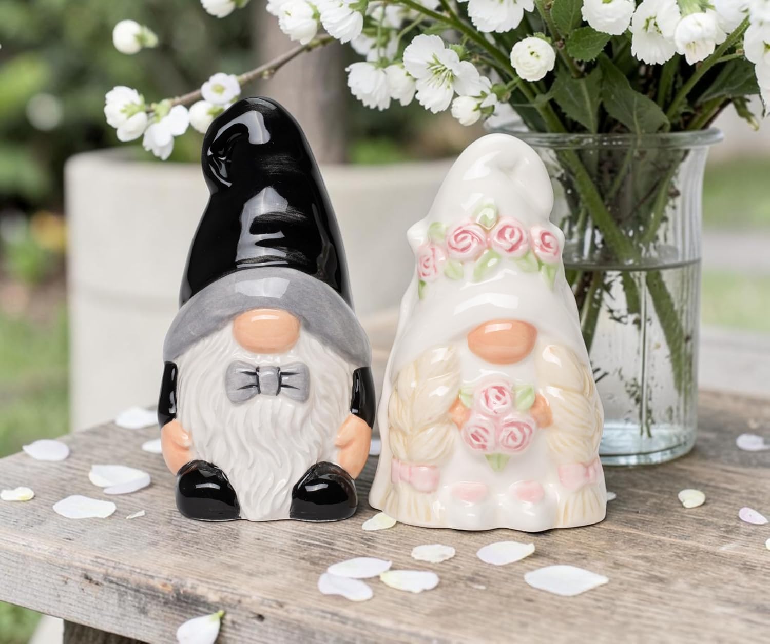 Cosmos Gifts Fine Ceramic Wedding Gnome Bride & Groom Salt and Pepper Shakers Set 4" H Black White Beige