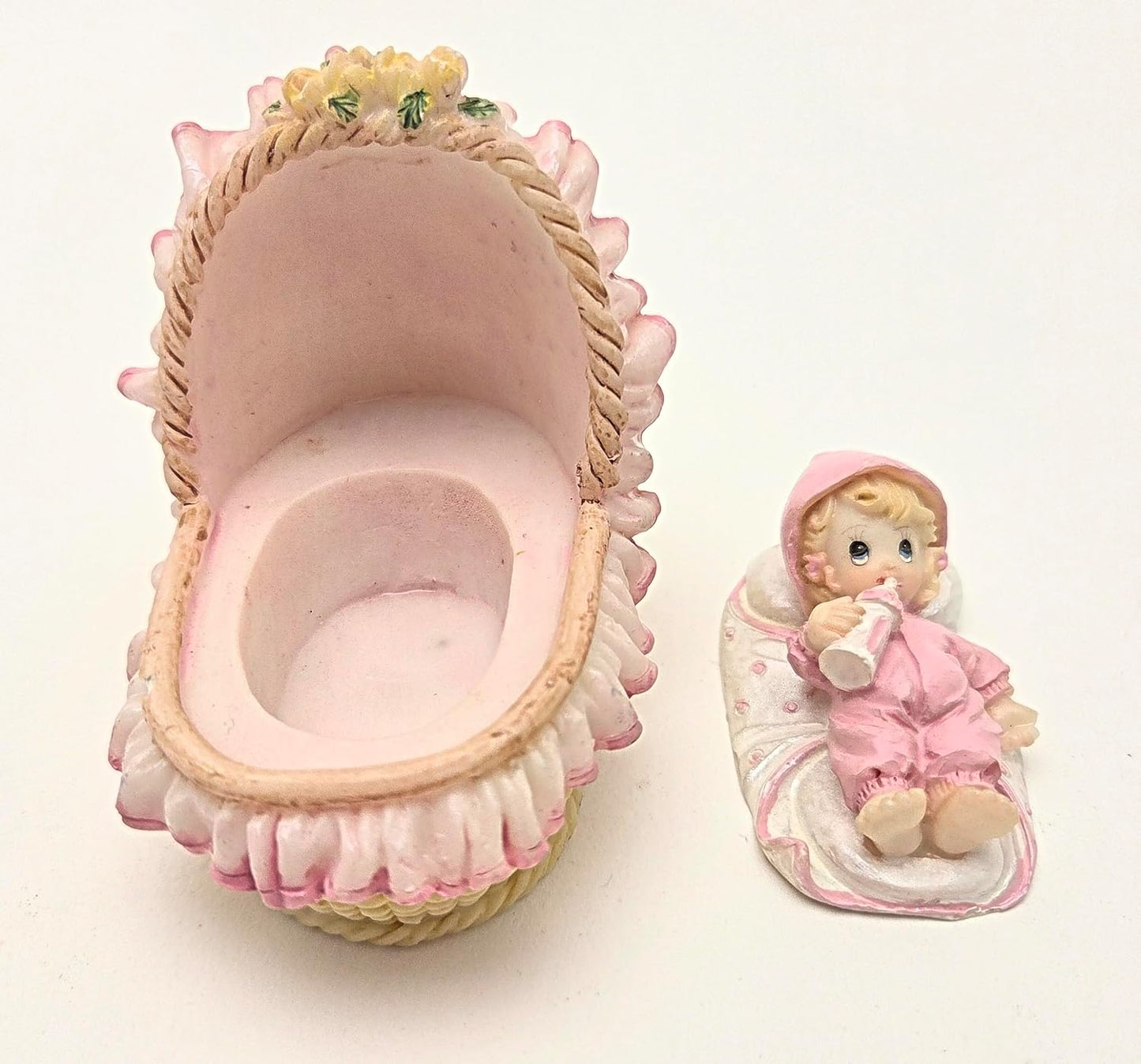 Party Favors Plus Pink White Polyresin Baby Bassinet Figurine 3.5 Inch Set of 2
