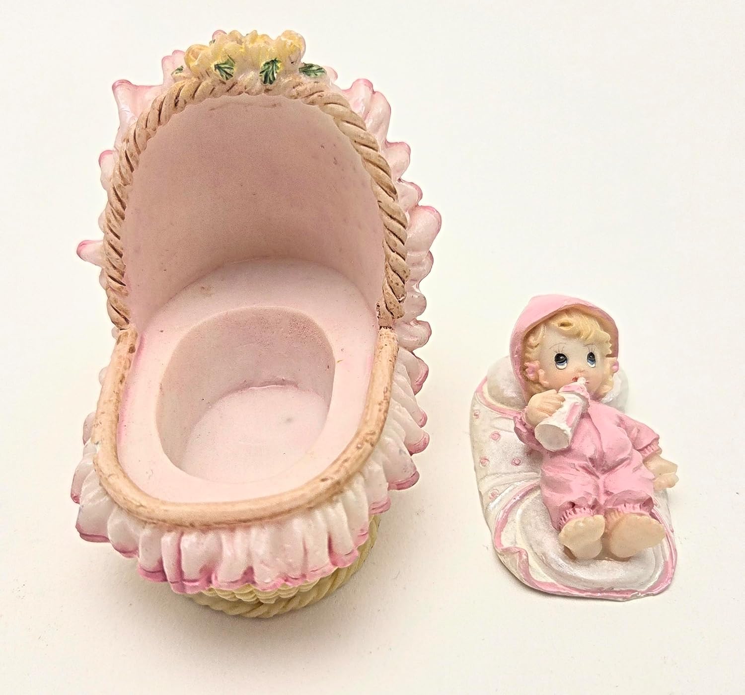 Party Favors Plus Pink White Polyresin Baby Bassinet Figurine 3.5 Inch Set of 2
