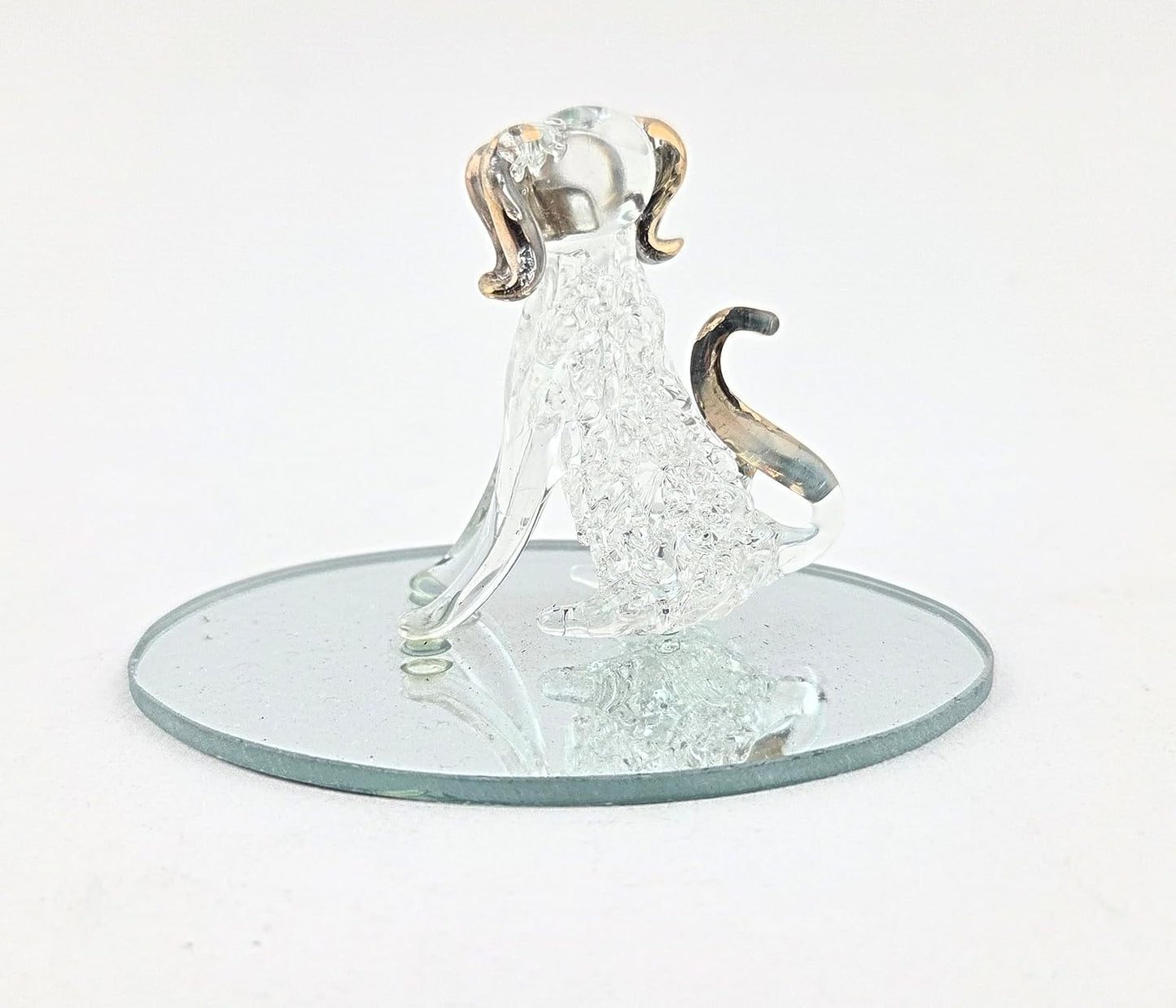 Party Favors Plus Glass Dog Figurine Gold Accents Oval Mirror Base 2.5 Inch