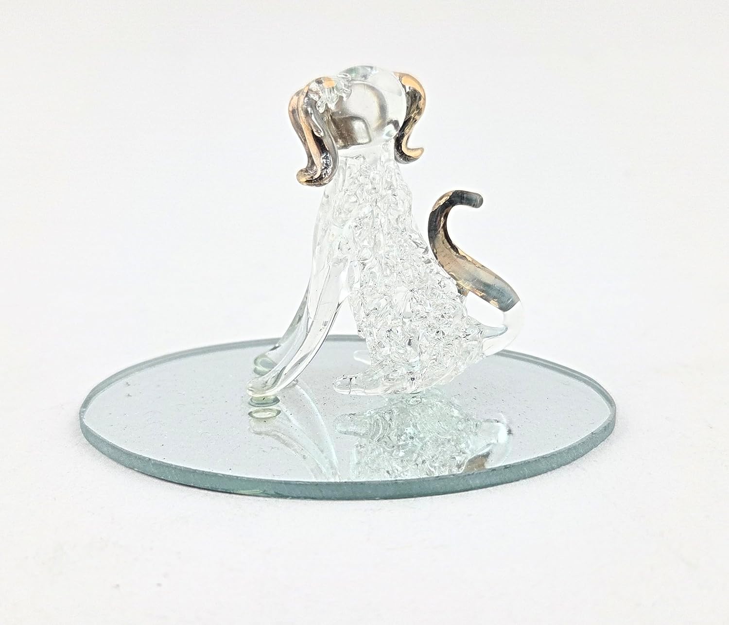 Party Favors Plus Glass Dog Figurine Gold Accents Oval Mirror Base 2.5 Inch