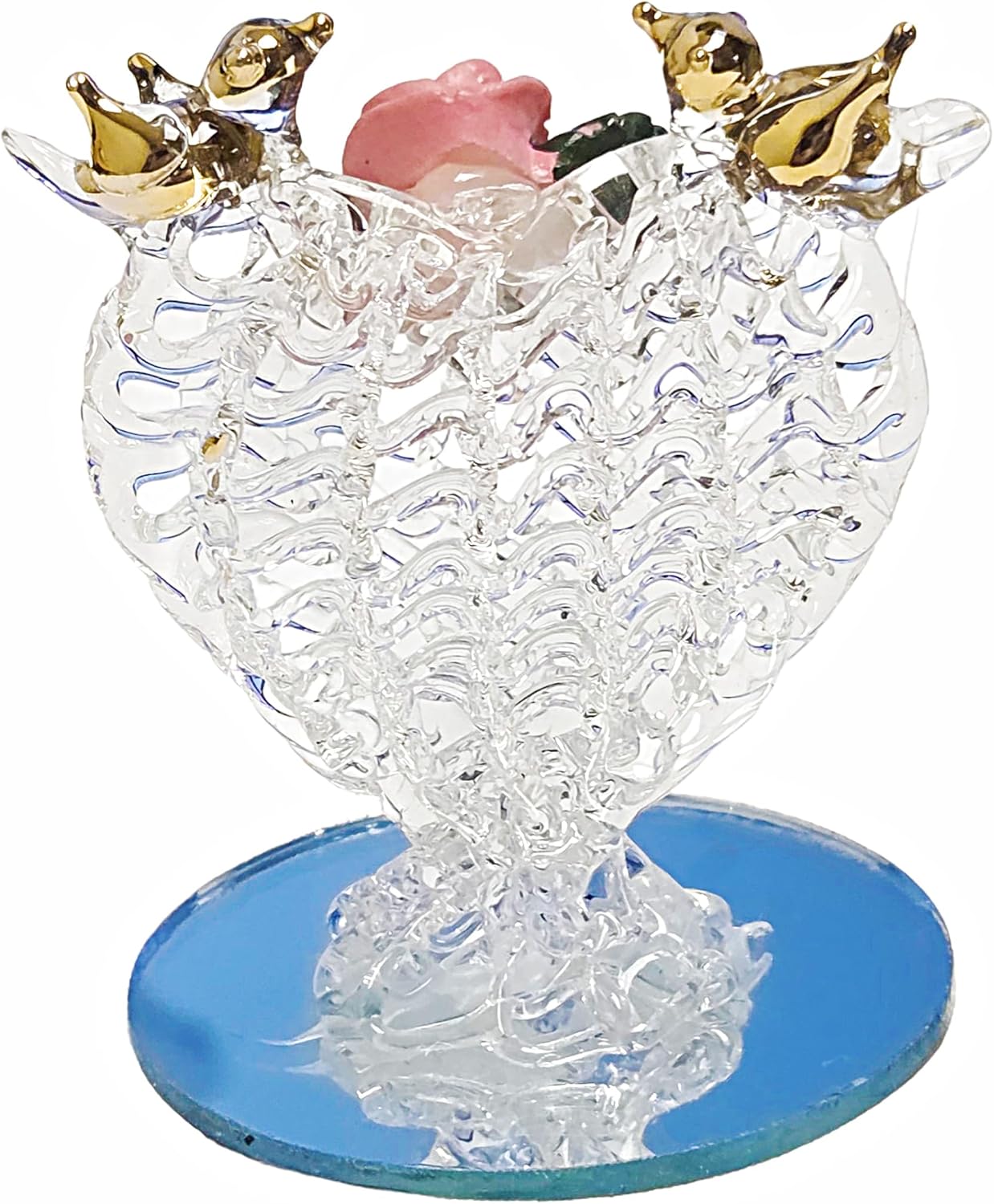 Party Favors Plus Glass Heart Figurine Gold Love Birds Pink Rose 2.5 Inch