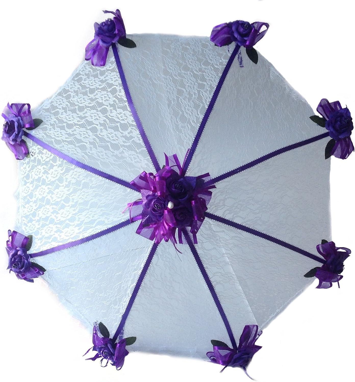 Party Favors Plus White Lace Umbrella Parasol 36 in Purple Roses