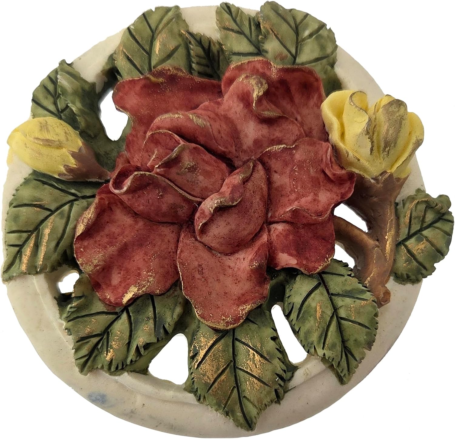 Party Favors Plus Glass Vanity Jar Ceramic Floral Red Pink Rose Lid Capodimonte Style Clear Round 3x4 Inch